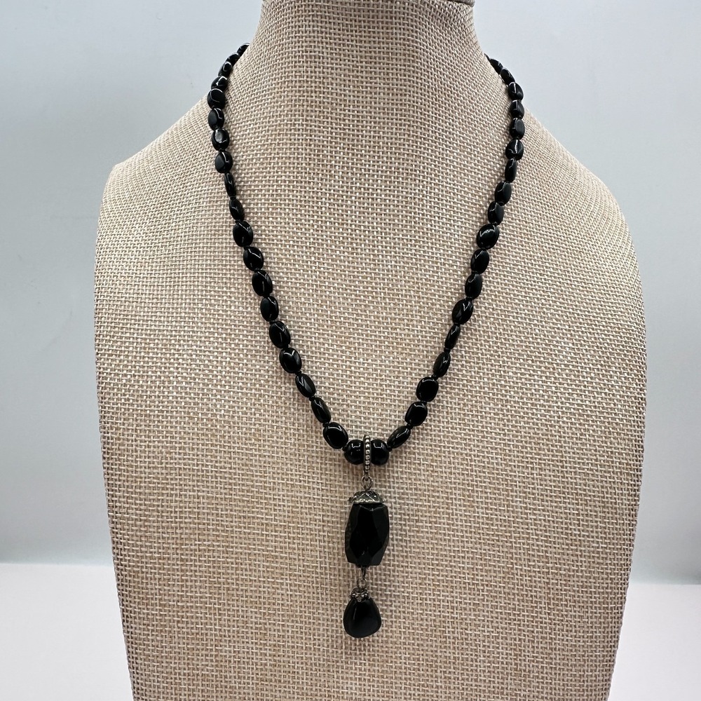 Vintage 90s Silver Tone Black Beaded Faceted Pendant Necklace Statement Jewelry